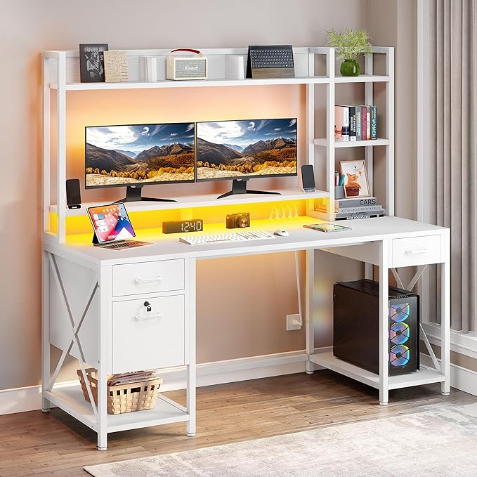 DWVO Computer Desk with Drawers & Hutch, 59.1" Office Desk with Power Outlets & LED Lights, Home Office Desk with Storage Shelves, White - LeafyLoom