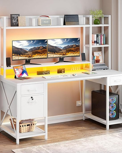 YITAHOME Computer Desk with Drawers & Power Outlets, File Drawers with Lock, 59" Home Office Desk with Storage Shelves & Monitor Stand, Gaming Desk with LED Lights & Hutch, White - LeafyLoom