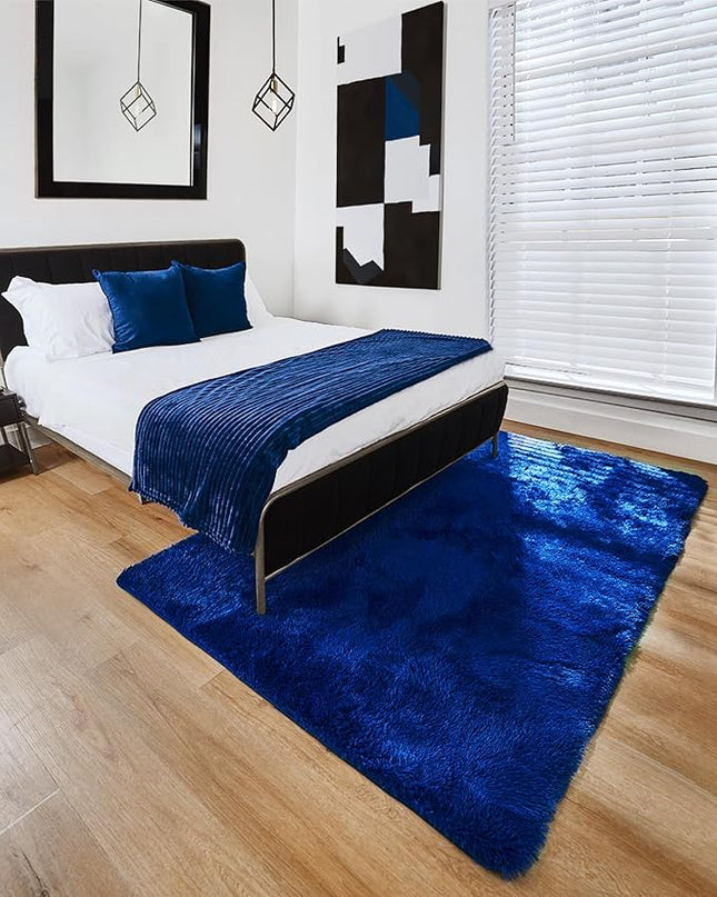 Ophanie Machine Washable 5x8 Blue Rugs for Living Room, Large Navy Fluffy Fuzzy Plush Shag Comfy Soft,Non-Slip Indoor Floor Carpet, Kids Boys Girls,Room,Bedroom,Playroom, Home Decor Aesthetic, Nursery - LeafyLoom