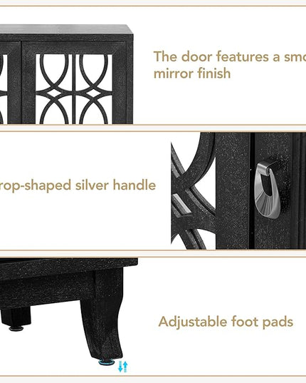 Multifunctional Sideboard with Glass, Vintage 3 Door Mirrored Buffet Cabinet,W/Silver Handle,Easy to Assemble,Console Table for Living Room Hallway Entryway,Black, 47.2" - LeafyLoom
