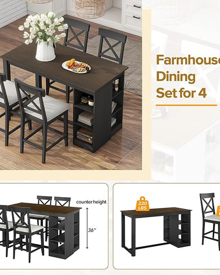Merax 5-Piece Farmhouse Style Dining Set with 3-Tier Storage Shelves for 4 Solid Wood Rectangular Kitchen, Including 4 Linen Upholstered Cross Back, 60" Counter Height Table+4 Chairs, Gray - LeafyLoom