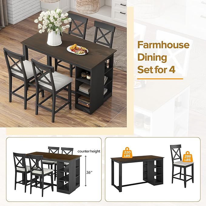 Merax 5-Piece Farmhouse Style Dining Set with 3-Tier Storage Shelves for 4 Solid Wood Rectangular Kitchen, Including 4 Linen Upholstered Cross Back, 60" Counter Height Table+4 Chairs, Gray - LeafyLoom