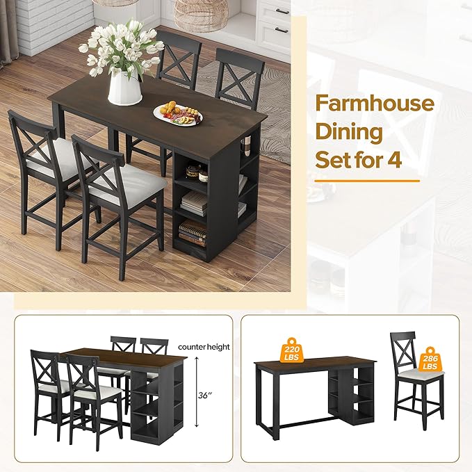 Farmhouse Counter Height 3-Tier Storage Shelves, Solid Wood w/4 Upholstered Chairs, Easy Assembly, for Kitchen, Room, 5 Piece Dining Table Set, Gray 12 - LeafyLoom