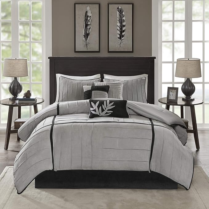 Madison Park Cozy Comforter Set Casual Blocks Design All Season, Matching Bed Skirt, Decorative Pillows, Queen (90 in x 90 in), Dune Black/Grey, 7 Piece - LeafyLoom