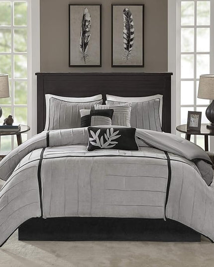 Madison Park Cozy Comforter Set Casual Blocks Design All Season, Matching Bed Skirt, Decorative Pillows, Full(82"x90"), Dune Suede, Black Grey, 7 Piece - LeafyLoom