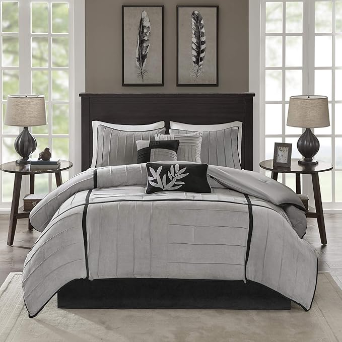 Madison Park Cozy Comforter Set Casual Blocks Design All Season, Matching Bed Skirt, Decorative Pillows, King (104 in x 92 in), Dune Black/Grey, 7 Piece - LeafyLoom