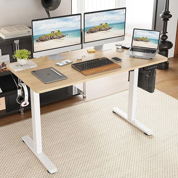 STARY Electric Memory Preset 48 x 24 Inches Adjustable Height Computer Workstation Sit Stand Home Office Desk with Splice Board, 4824, Castin Oak Desktop/White Frame - LeafyLoom