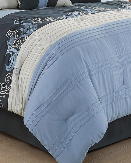 Chezmoi Collection Napa 7-Piece Luxury Autumn Leaves Scroll Embroidery Bedding Comforter Set (King, Navy/Blue/Gray) - LeafyLoom