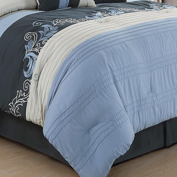 Chezmoi Collection Napa 7-Piece Luxury Autumn Leaves Scroll Embroidery Bedding Comforter Set (King, Navy/Blue/Gray) - LeafyLoom