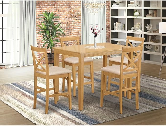 East West Furniture YAPB5-OAK-C 5 Piece Kitchen Counter Height Dining Table Set Includes a Rectangle Dining Room Table and 4 Linen Fabric Upholstered Chairs, 30x48 Inch, Oak - LeafyLoom