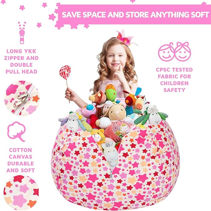 Wekapo Stuffed Animal Storage Bean Bag Chair Cover for Kids | Stuffable Zipper Beanbag for Organizing Children Plush Toys Large Premium Cotton Canvas (Small star, X-Large) - LeafyLoom