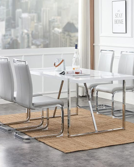 Dining Chairs Set, Kitchen Modern Metal Chairs with Faux Leather Padded Seat High Back and Sturdy Chrome Legs, Chairs for Dining Room (Light Gray, Set of 4) - LeafyLoom