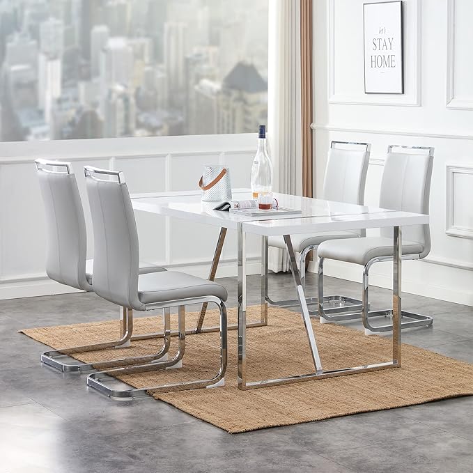 Dining Chairs Set, Kitchen Modern Metal Chairs with Faux Leather Padded Seat High Back and Sturdy Chrome Legs, Chairs for Dining Room (Light Gray, Set of 4) - LeafyLoom