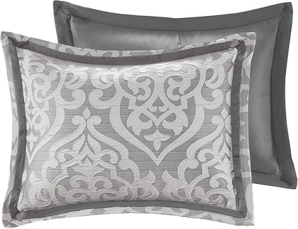 Madison Park Odette Cozy Comforter Set Jacquard Damask Medallion Design - Modern All Season, Down Alternative Bedding, Shams, Decorative Pillows, Queen(90 in x 90 in), Silver 8 Piece - LeafyLoom