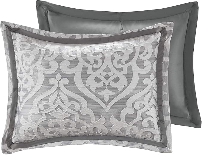 Madison Park Odette Cozy Comforter Set Jacquard Damask Medallion Design - Modern All Season, Down Alternative Bedding, Shams, Decorative Pillows, Queen(90 in x 90 in), Silver 8 Piece - LeafyLoom