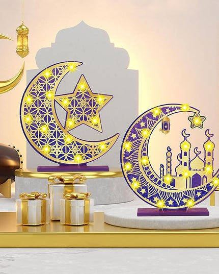 2 Pcs Ramadan Eid Mubarak Crafts Night Light 3D Wooden Moon Star Lights Ramadan Decorations LED Eid Mubarak Lamp Decor Ramadan Table Sign for Tabletop Home Party Supplies(Purple and Gold) - LeafyLoom