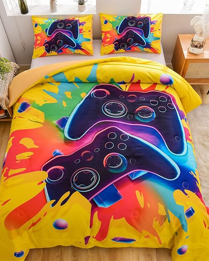 Aimuan Gamer Gaming Bedding Sets 3D Gamepad Comforter Sets for Boys Games Console Action Buttons Novelty Colorful Game Controller Modern Room Decor Home Quilt Set (Full, Yellow) - LeafyLoom