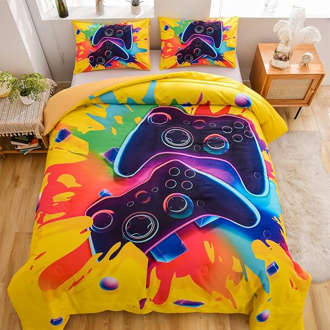 Aimuan Gamer Gaming Bedding Sets 3D Gamepad Comforter Sets for Boys Games Console Action Buttons Novelty Colorful Game Controller Modern Room Decor Home Quilt Set (Full, Yellow) - LeafyLoom
