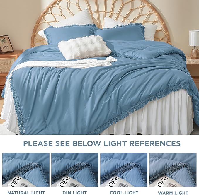Litanika Grayish Blue Comforter Queen Set, Boho Tassel Comforter Aesthetic 3 Pieces, Lightweight Fringe Microfiber Bedding Set for All Season(1 Comforter 90x90 inch, 2 Pillowcases) - LeafyLoom