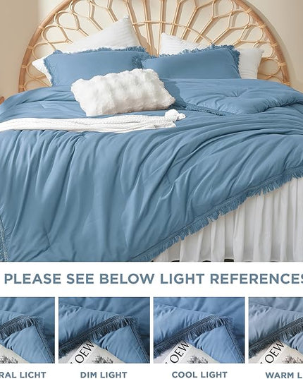Litanika Grayish Blue King Size Comforter Set, Boho Tassel Comforter Aesthetic 3 Pieces, Lightweight Fringe Microfiber Bedding Set for All Season(1 Comforter 104x90 inch, 2 Pillowcases) - LeafyLoom