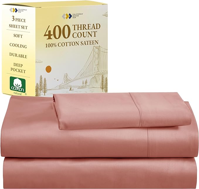 California Design Den Twin Bed Sheets 400 Thread Count 100% Cotton Deep Pocket Sheets for Twin Size Bed - Soft, Breathable & Cooling Twin Sheet Set, 3-Pc Deep Pocket Bed Sheets - Coral Pink - LeafyLoom