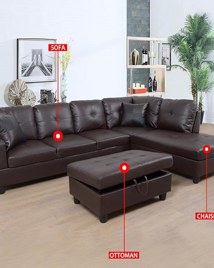 ROOMTEC Button L Shape 3 Piece Sectional Sofa Set, Upholstered Corner Couch with Storage Ottoman, Faux Leather Tufted Cushions, for Living Room, Apartment, 103inch, Deer Brown w/Right Chaise Lounge - LeafyLoom