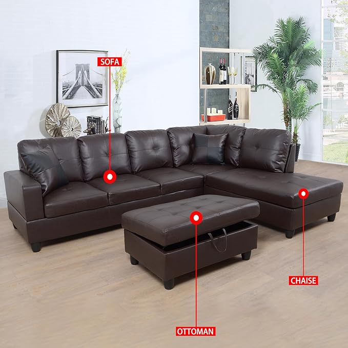 ROOMTEC Button L Shape 3 Piece Sectional Sofa Set, Upholstered Corner Couch with Storage Ottoman, Faux Leather Tufted Cushions, for Living Room, Apartment, 103inch, Deer Brown w/Right Chaise Lounge - LeafyLoom