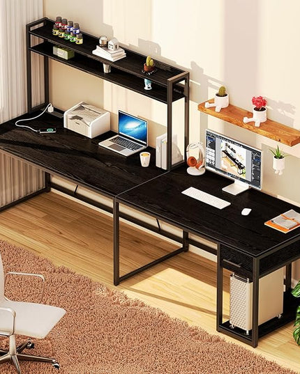 L Shaped Gaming Desk, Reversible L Shaped Computer Desk with Drawers, Led Lights & Power Outlets for Home Office Black - LeafyLoom