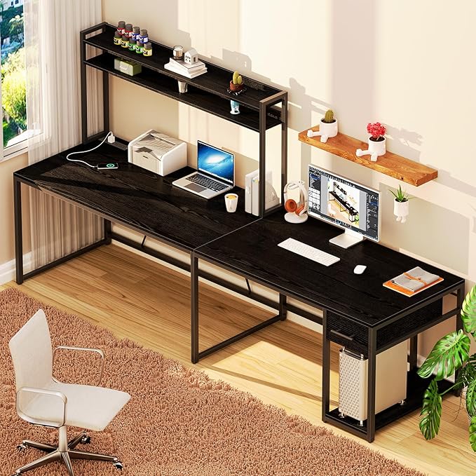 L Shaped Gaming Desk, Reversible L Shaped Computer Desk with Drawers, Led Lights & Power Outlets for Home Office Black - LeafyLoom
