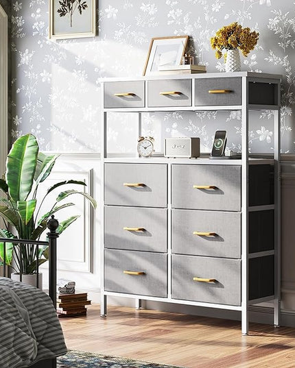 AODK Dresser with Charging Station, 52 Inches Tall Dresser for Bedroom with 9 Storage Drawers, Large Fabric Dressers for Living Room, Hallway, Light Grey - LeafyLoom