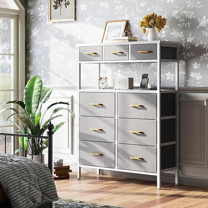 AODK Dresser with Charging Station, 52 Inches Tall Dresser for Bedroom with 9 Storage Drawers, Large Fabric Dressers for Living Room, Hallway, Light Grey - LeafyLoom