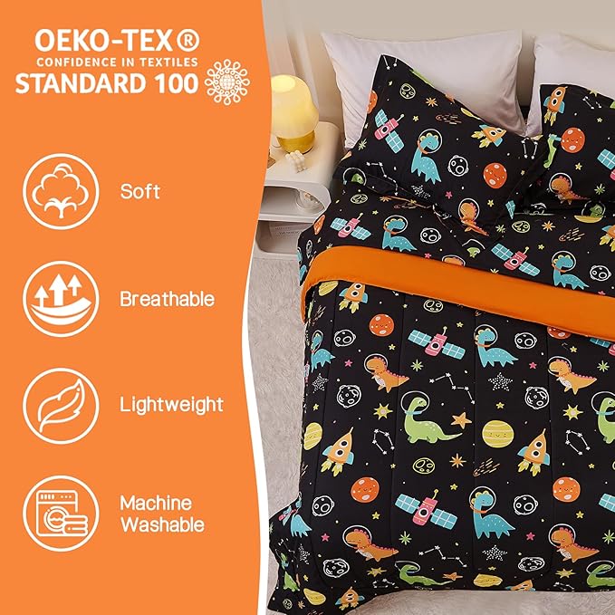 Space Dinosaur Kids Comforter Set for Boys Twin, Cute Reversible Quilted Black Printed Bedding Set with Pillow Sham, Lightweight Soft Breathable Machine Washable Bed Set 2 Piece - LeafyLoom