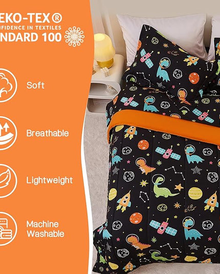 Space Dinosaur Kids Comforter Set for Boys Full Size, Cute Reversible Quilted Black Printed Bedding Set with Pillow Sham, Lightweight Soft Breathable Washable Bed Set 3 Piece - LeafyLoom