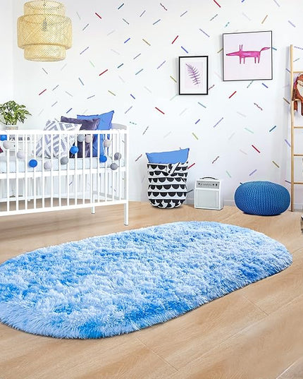 Noahas Oval Fluffy Blue Rainbow Rug 2.6X5.3 Small Kids Rugs for Bedroom Girls And Boys Aesthetic,Bedside Bedroom Rug,Ultra Soft Runner Carpet Modern Shaggy Nursery Area Rugs Home D飯r - LeafyLoom