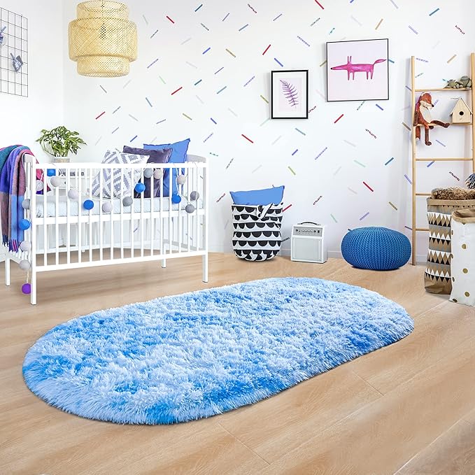 Noahas Oval Fluffy Blue Rainbow Rug 2.6X5.3 Small Kids Rugs for Bedroom Girls And Boys Aesthetic,Bedside Bedroom Rug,Ultra Soft Runner Carpet Modern Shaggy Nursery Area Rugs Home D飯r - LeafyLoom