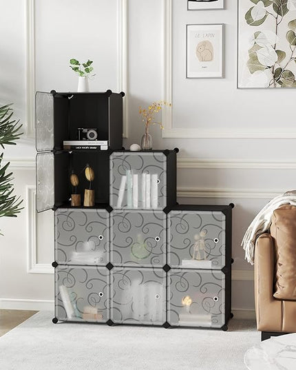 C&AHOME Cube Storage Organizer with Doors, 9-Cube Shelves, Closet Cabinet, DIY Plastic Modular Bookshelf, Storage Shelving Ideal for Bedroom, Living Room, 36.6”L x 12.4”W x 36.6”H Black USHS3009B-DOOR - LeafyLoom