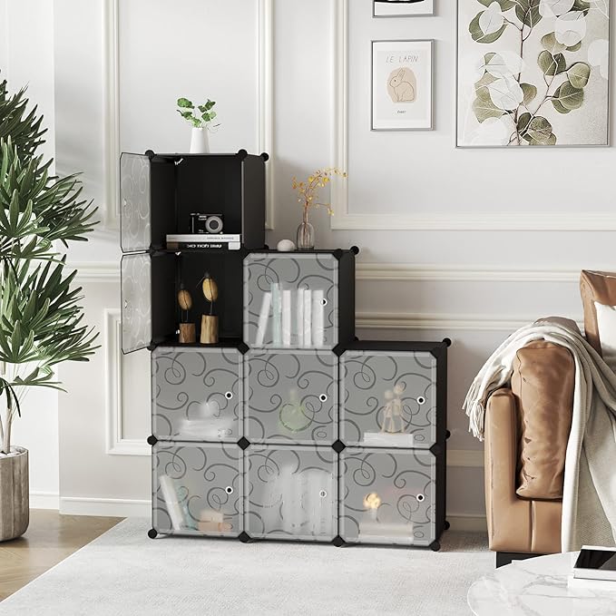 C&AHOME Cube Storage Organizer with Doors, 9-Cube Shelves, Closet Cabinet, DIY Plastic Modular Bookshelf, Storage Shelving Ideal for Bedroom, Living Room, 36.6”L x 12.4”W x 36.6”H Black USHS3009B-DOOR - LeafyLoom