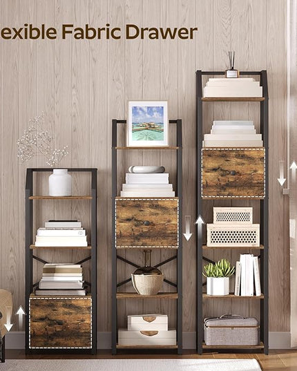 6 Tier Bookshelf, Book Shelf with Removable Drawer, Tall Narrow Bookcase with Shelves, Standing Display Shelf, Storage Organizer, for Bedroom, Home Office, Rustic Brown and Black SJ06BR - LeafyLoom
