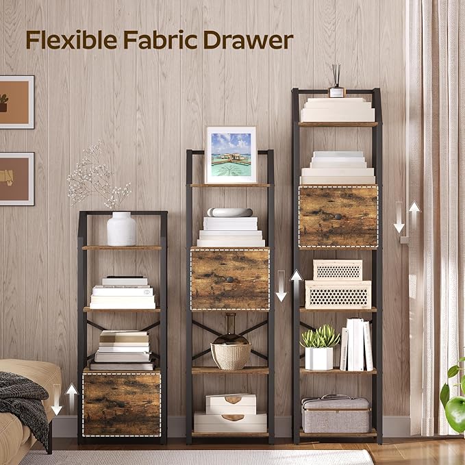 5 Tier Bookshelf, Book Shelf with Removable Drawer, Tall Narrow Bookcase with Shelves, Standing Display Shelf, Storage Organizer, for Bedroom, Home Office, Rustic Brown and Black SJ05BR - LeafyLoom