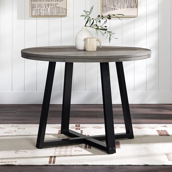 Walker Edison Rustic Solid Wood Distressed Round Kitchen Dining Room Table, 42 Inch, Grey - LeafyLoom