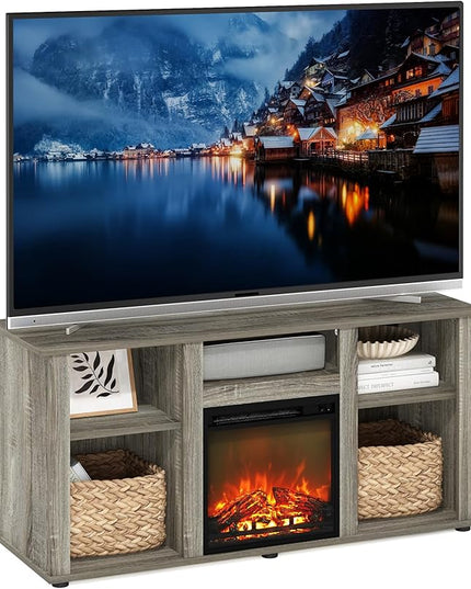 Furinno Jensen Fireplace TV Entertainment Center with Open Storage Compartment for TV up to 55 Inch, French Oak Grey - LeafyLoom