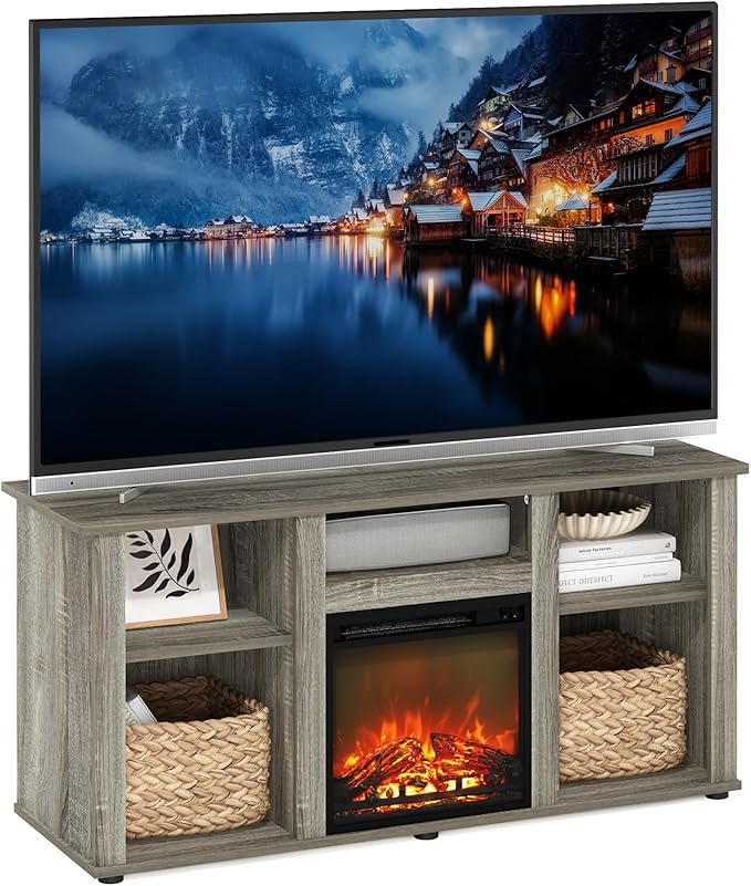 Furinno Jensen Fireplace TV Entertainment Center with Open Storage Compartment for TV up to 55 Inch, French Oak Grey - LeafyLoom