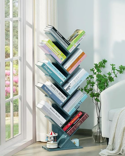 10 Tier Tree Book Shelf, Floor Standing Wood Bookshelf for Narrow Space, Storage Organizer Bookshelves for Books/CDs/Magazine, Bookcase with Shelves for Home Office, Living Room - Blue - LeafyLoom