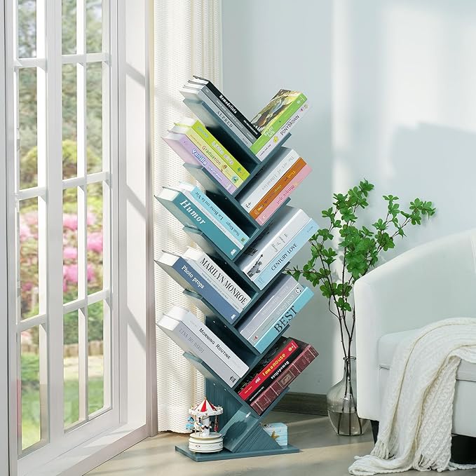 10 Tier Tree Book Shelf, Floor Standing Wood Bookshelf for Narrow Space, Storage Organizer Bookshelves for Books/CDs/Magazine, Bookcase with Shelves for Home Office, Living Room - Blue - LeafyLoom