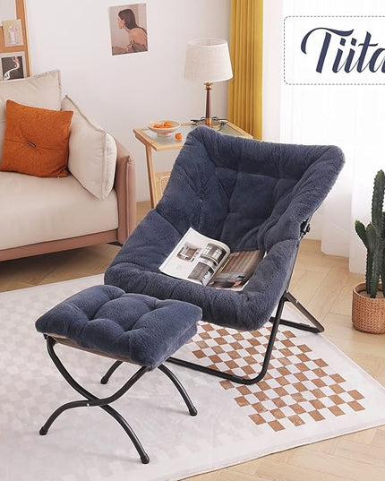 Tiita Saucer Chair with Ottoman, Soft Faux Fur Oversized Folding Accent Chair,Lounge Lazy Chair, Metal Frame Moon Chair for Bedroom, Living Room, Dorm Rooms, Garden and Courtyard - LeafyLoom