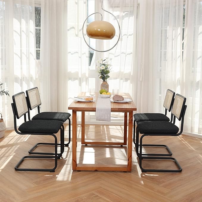 Zesthouse Mid Century Modern Dining Chairs Set of 2, Upholstered Boucle Kitchen Chairs, Famous Breuer Designed Chairs, Armless Accent Chairs with Natural Cane Back & Stainless Chrome Base - LeafyLoom
