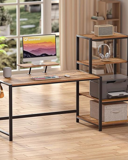 GreenForest Computer Desk 58 inch with Storage Printer Shelf Reversible Home Office Desk with Movable Monitor Stand and 2 Headphone Hooks for Study Writing PC Gaming Working, Walnut - LeafyLoom