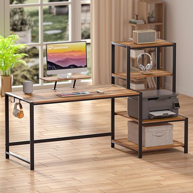 GreenForest Computer Desk 58 inch with Storage Printer Shelf Reversible Home Office Desk with Movable Monitor Stand and 2 Headphone Hooks for Study Writing PC Gaming Working, Walnut - LeafyLoom