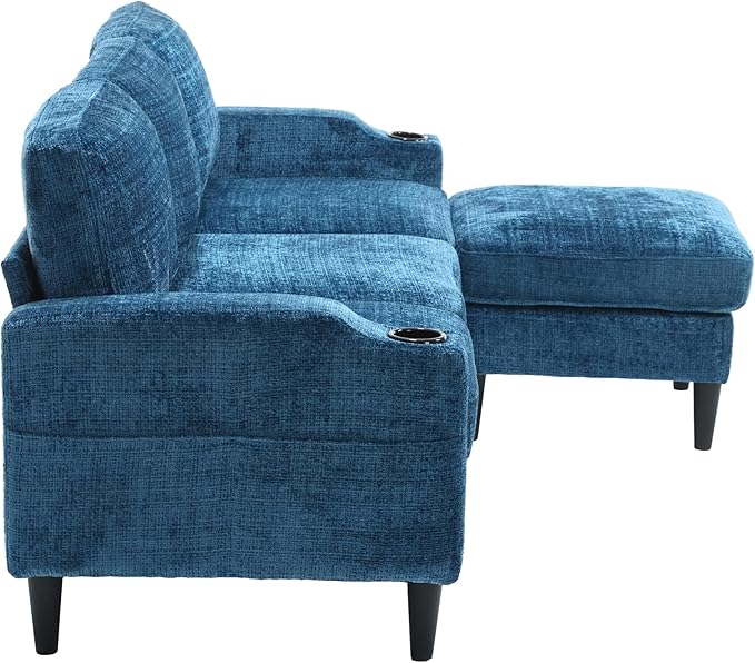Convertible Sectional Sofa with Movable Storage Ottoman and Cupholders, 3 Seater L-Shaped Corner Couch,Chenille Upholstered Furniture w/Detachable Thicked Cushions for Living Room, Small Space - LeafyLoom