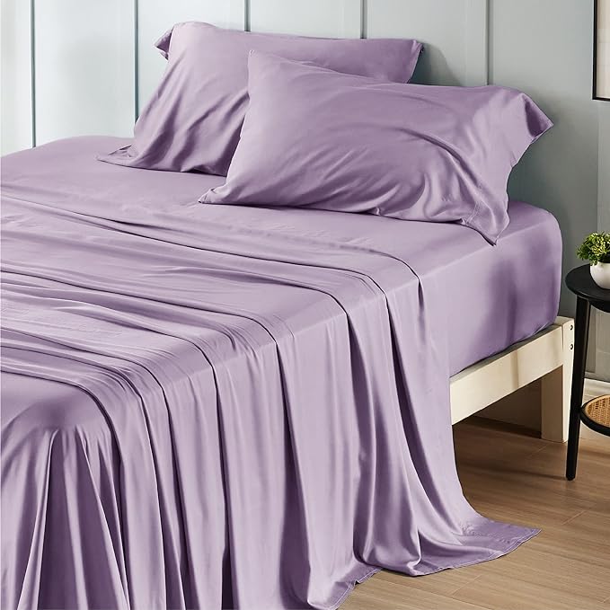 Bedsure California King Sheet Sets, Cooling Sheets, Rayon Derived from Bamboo, Deep Pocket Up to 16", Breathable & Soft Bed Sheets, Hotel Luxury Silky Bedding Sheets & Pillowcases, Lilac - LeafyLoom